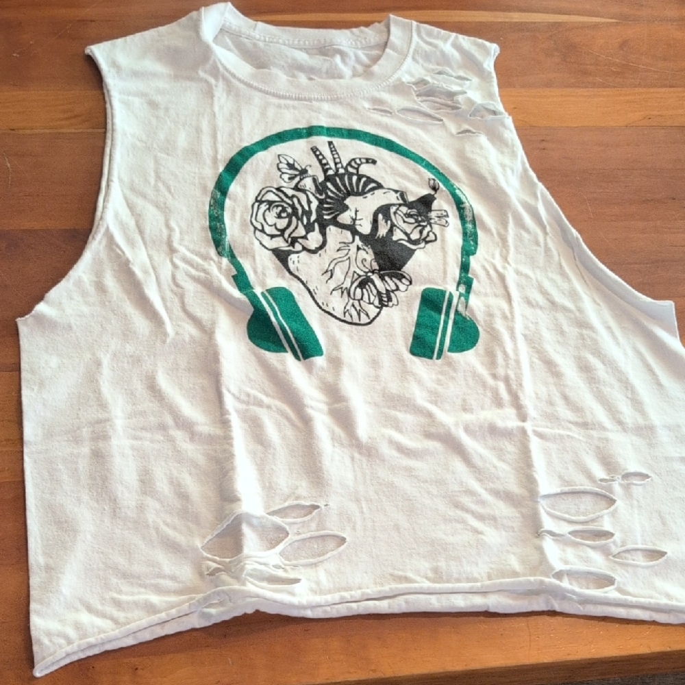 White Sleeveless Kids Top with Green Headphone Print
